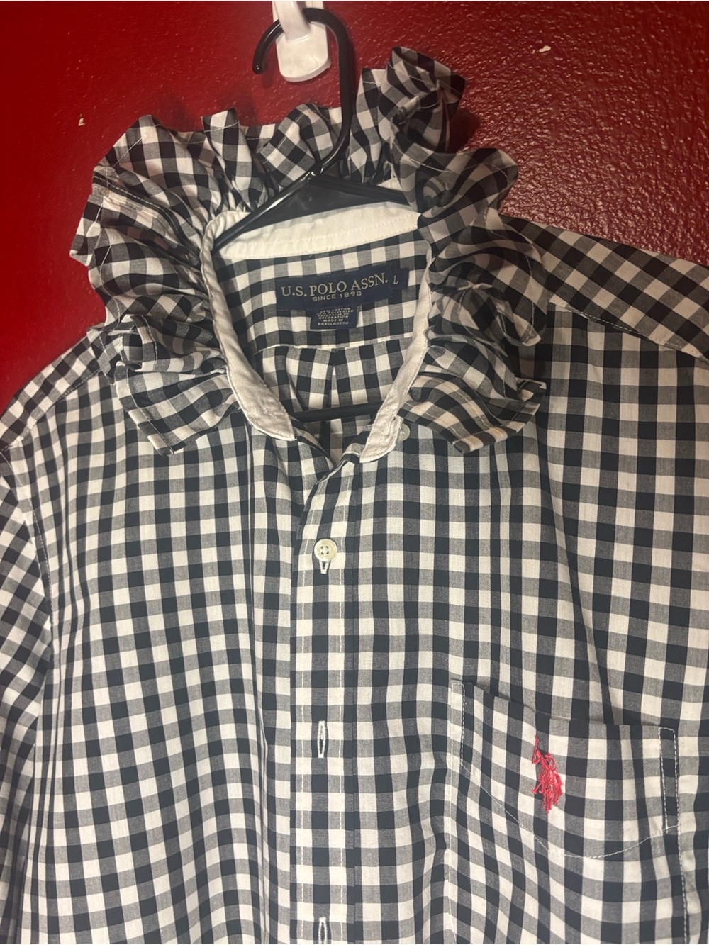 Upcycled U.S. Polo Assn. Black/White Gingham Shirt with Red Logo